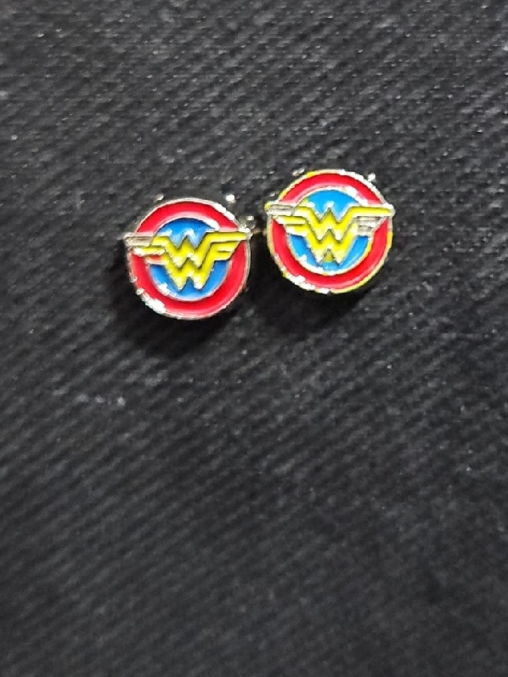 Wonder Woman Logo Stud Earrings - Red, Blue, Yellow - Picture 2 of 4
